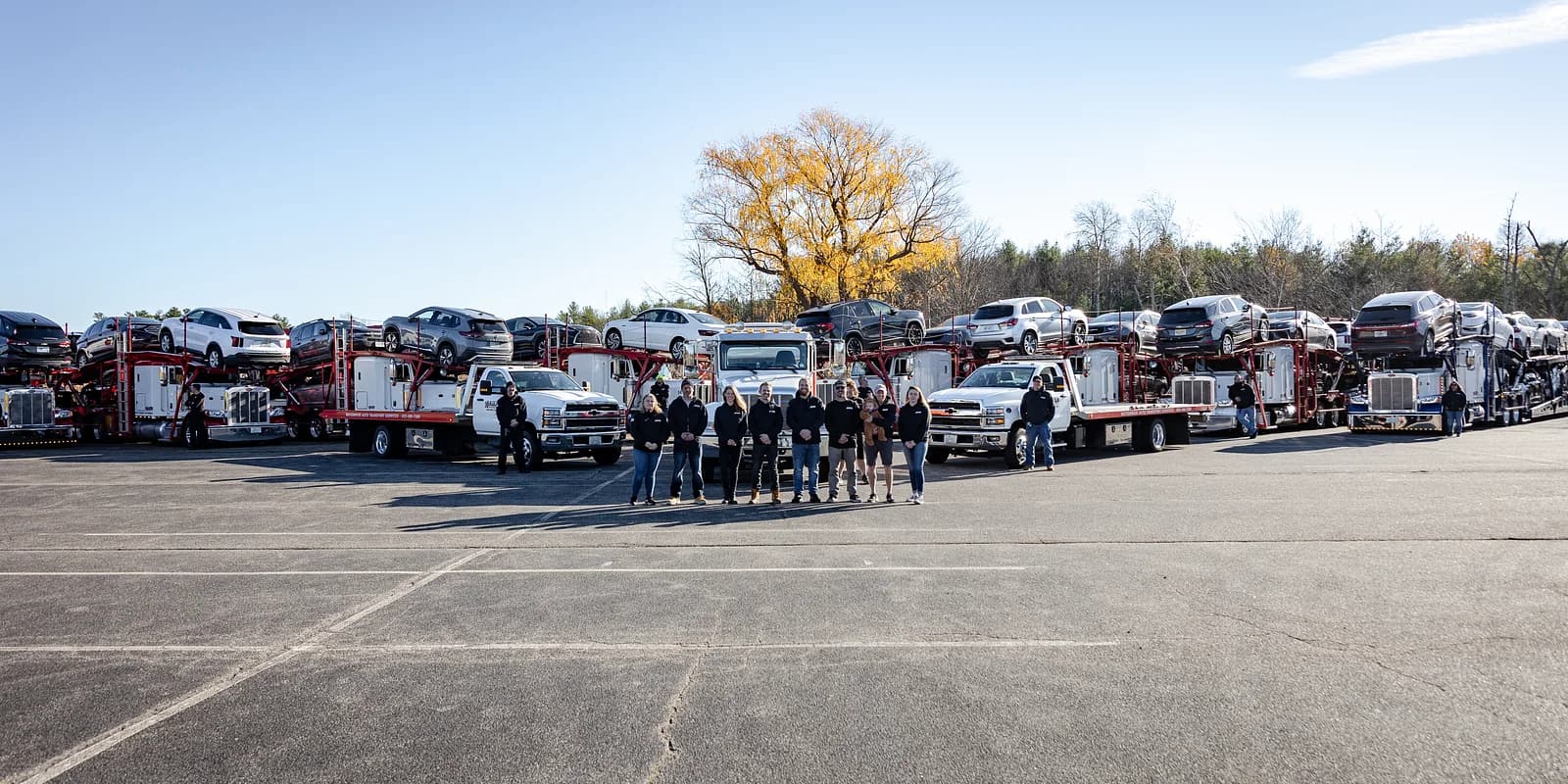 Auction auto transport — Baier Transport fleet of multi-car carriers staged at a wholesale dealer auction lot